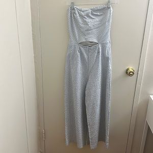 Zara Strapless blue and white jumpsuit with cut out in middle